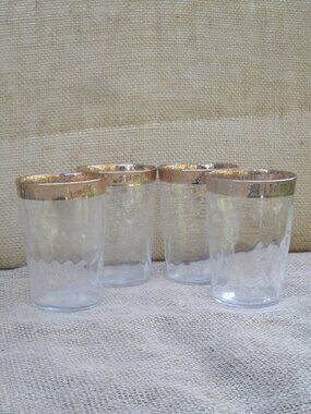 Vintage West Virginia Glass Optic 22K Gold Whiskey Glass Set of 4